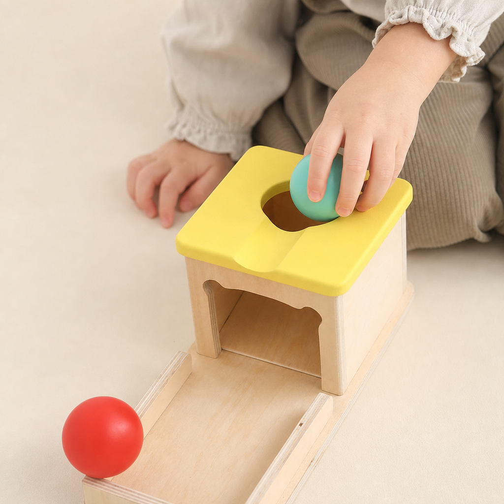 Montessori-Box zur Untersuchung der Objektpermanenz