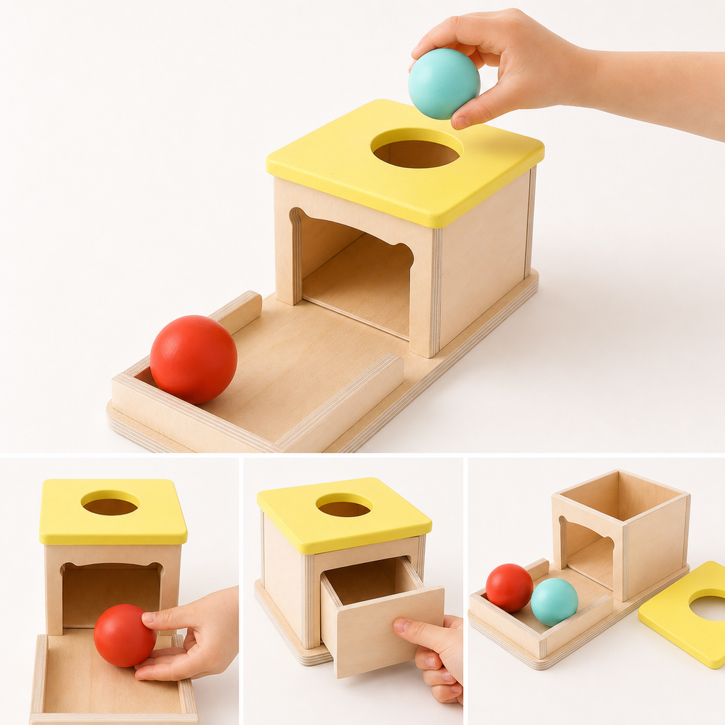 Montessori-Box zur Untersuchung der Objektpermanenz