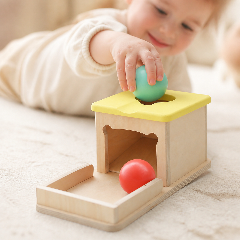 Montessori-Box zur Untersuchung der Objektpermanenz