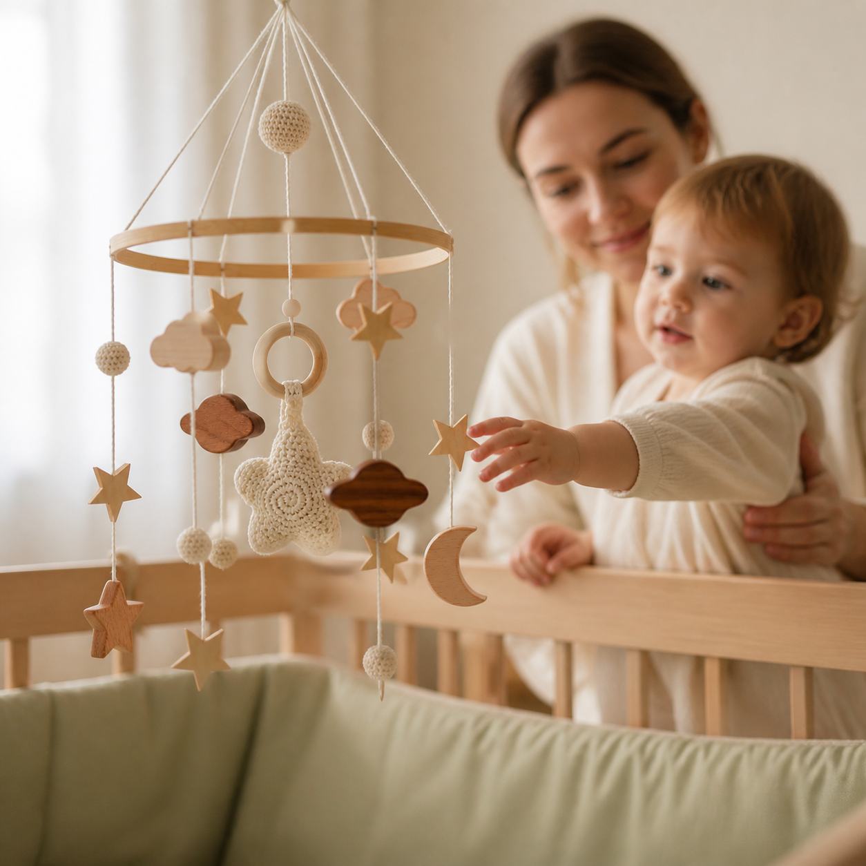 Skandinavisches gehäkeltes Baby-Mobile fürs Kinderbett
