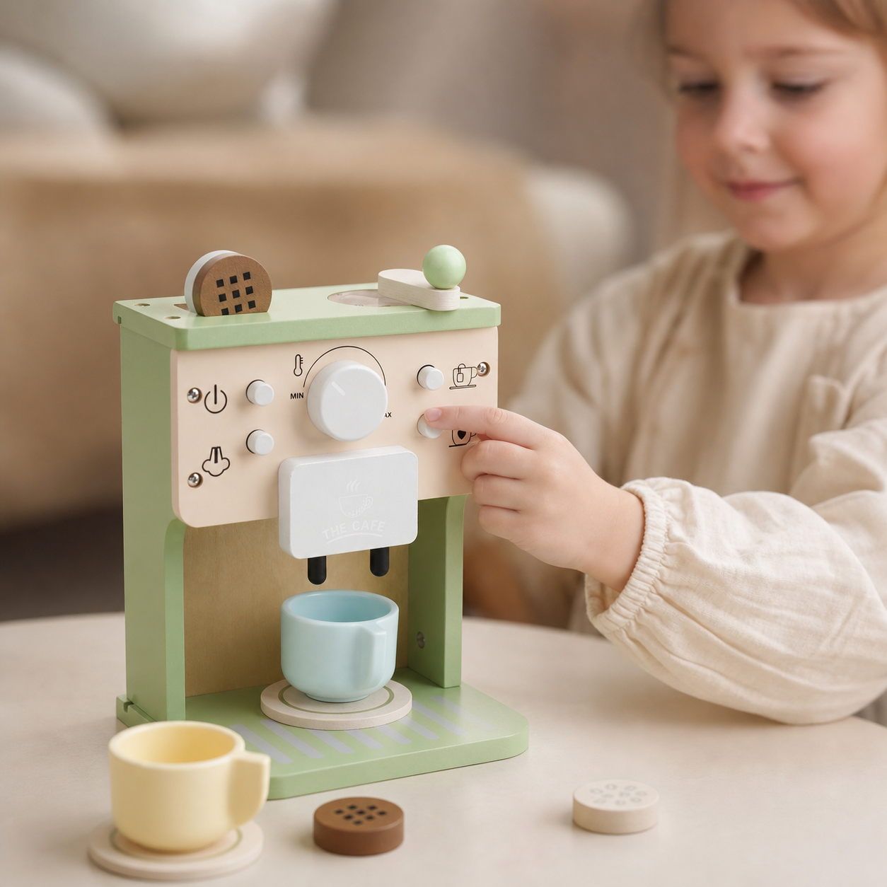 Kaffeemaschine aus Holz für Kinder